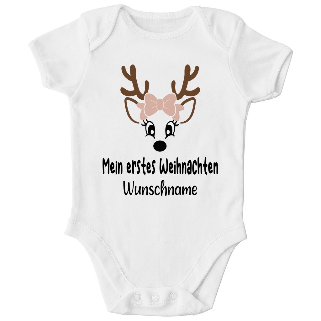 Mein erstes Weihnachten Rentier mit Schleife | personalisierter Baby Body Kurzarm