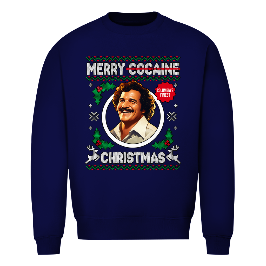 Merry Cocaine Christmas Ugly Christmas Sweater in Navy