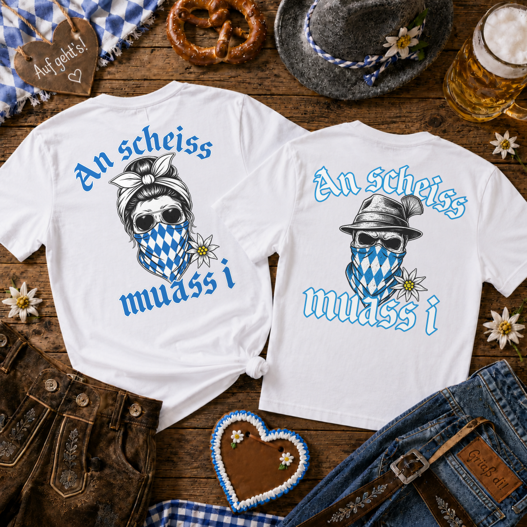 An scheiss Bavaria Outlaw & Queen Rückendruck Shirts | Lustiges Volksfest Bundle für Paare