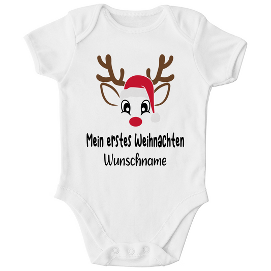 Mein erstes Weihnachten Rentier mit Mütze | personalisierter Baby Body Kurzarm