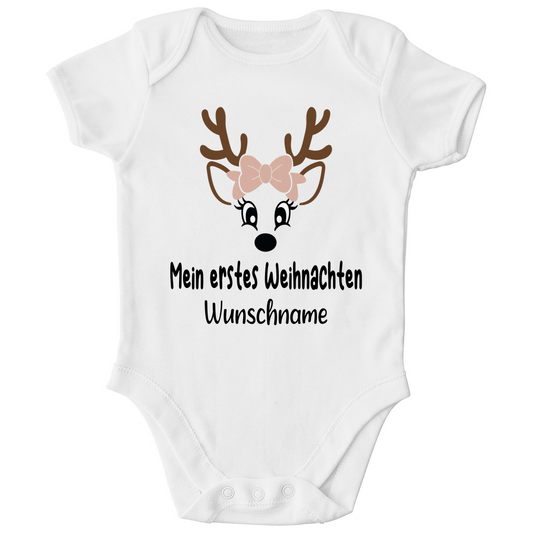 Mein erstes Weihnachten Rentier mit Schleife | personalisierter Baby Body Kurzarm