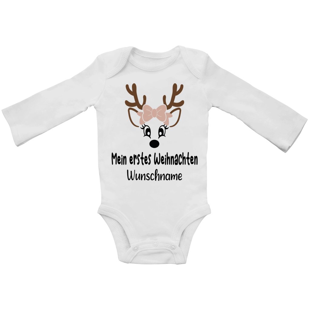 Mein erstes Weihnachten Rentier mit Schleife | personalisierter  Baby Body Langarm