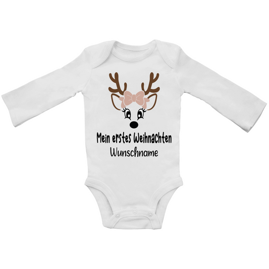 Mein erstes Weihnachten Rentier mit Schleife | personalisierter  Baby Body Langarm