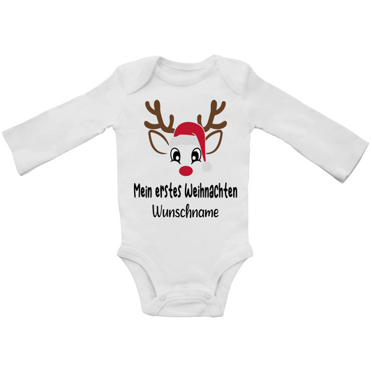 Mein erstes Weihnachten Rentier mit Mütze | personalisierter Baby Body Langarm
