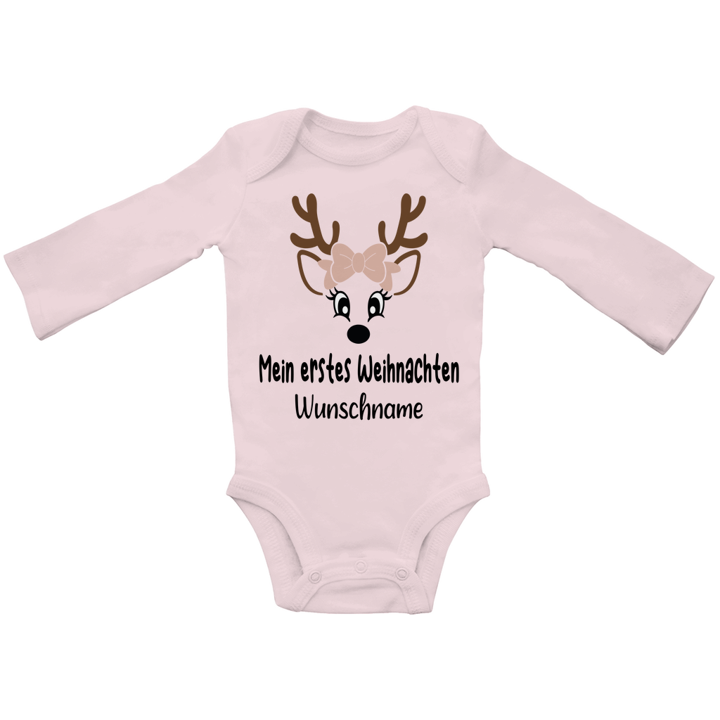 Mein erstes Weihnachten Rentier mit Schleife | personalisierter  Baby Body Langarm