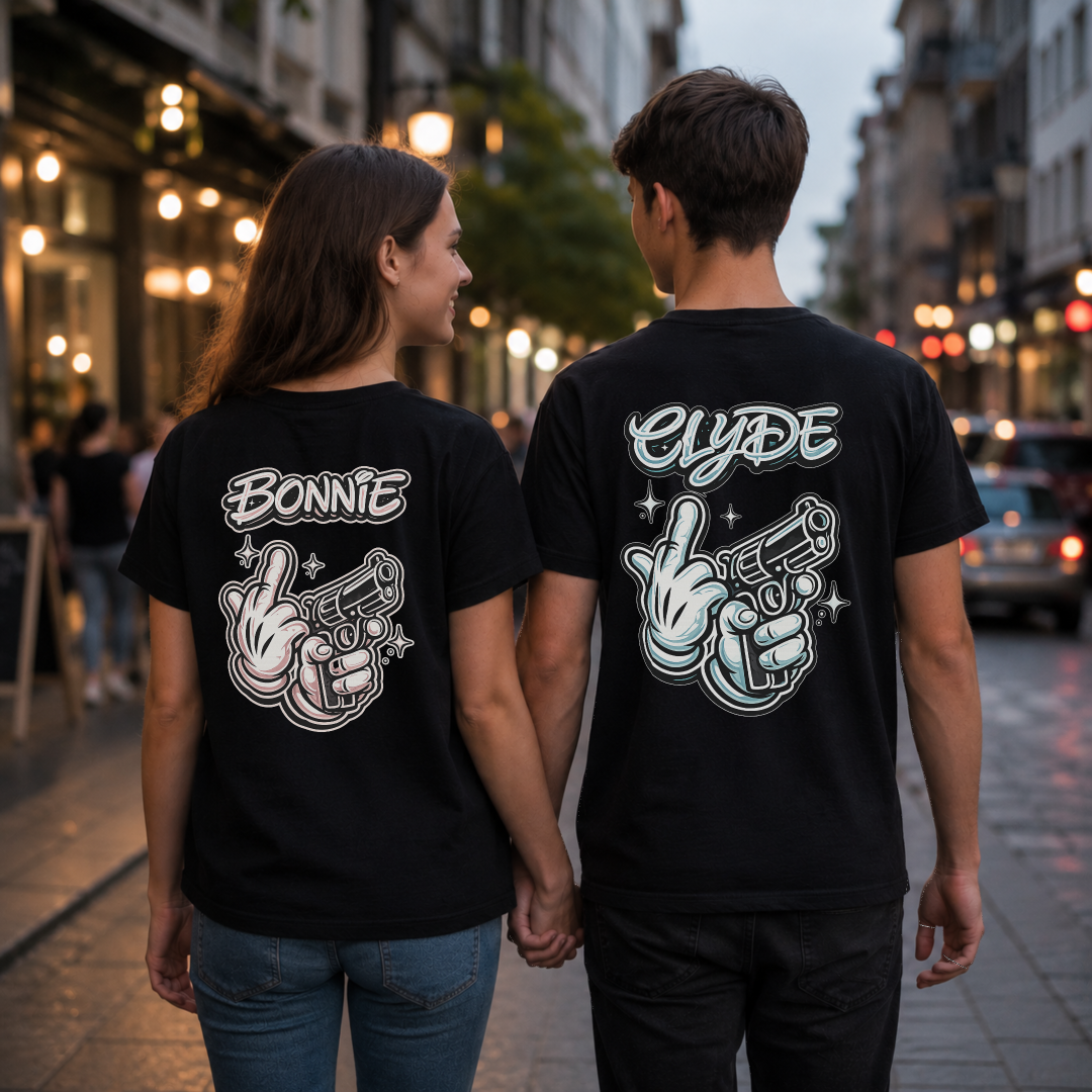 Bonnie x Clyde Rückendruck Pärchen Shirt Bundle