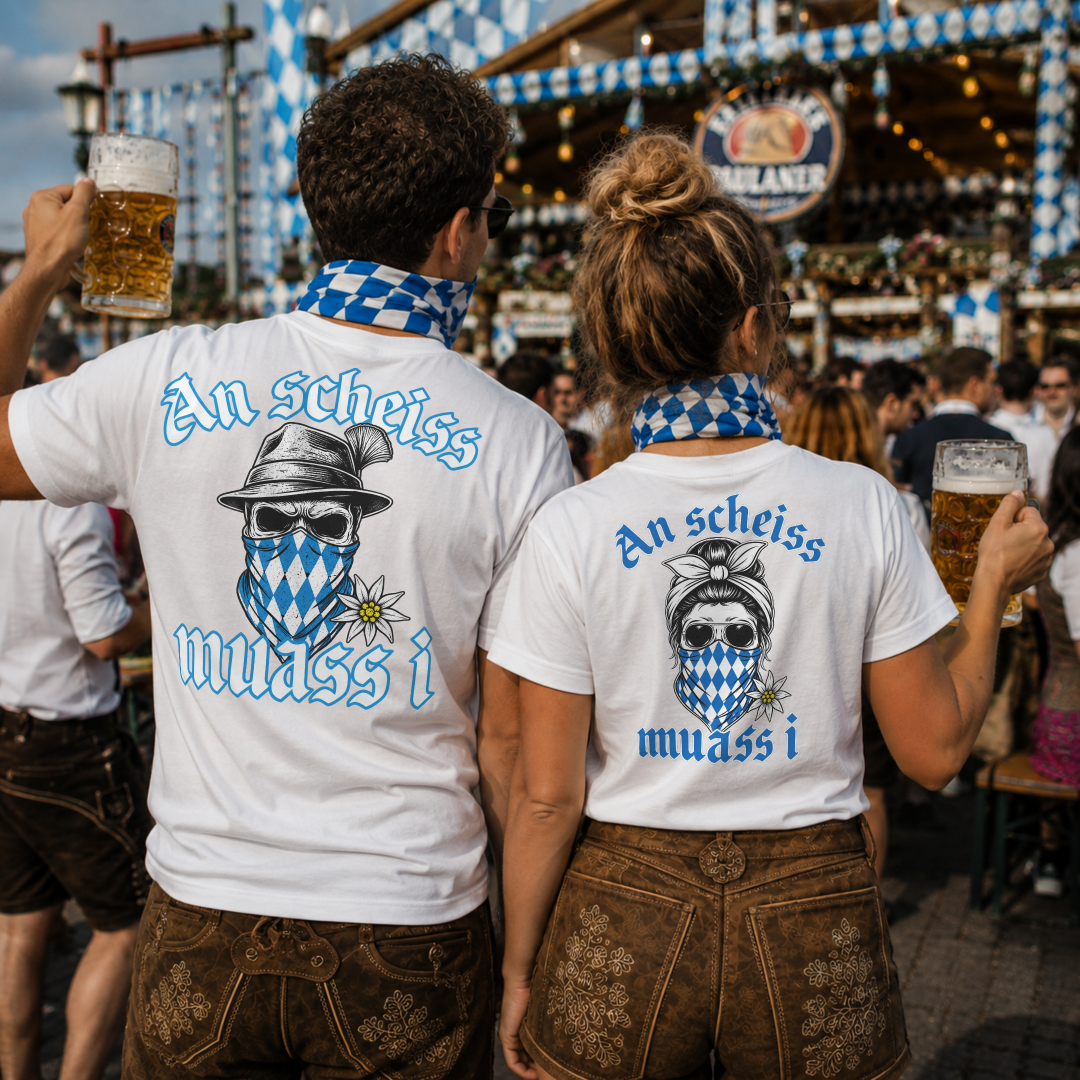 An scheiss Bavaria Outlaw & Queen Rückendruck Shirts | Lustiges Volksfest Bundle für Paare
