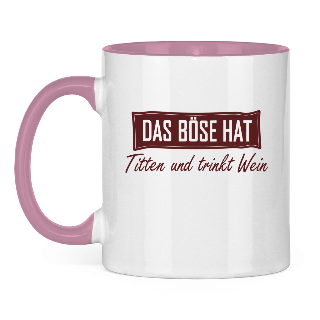 Das Böse trinkt Wein | zweifarbige Tasse — Rosa/Weiß