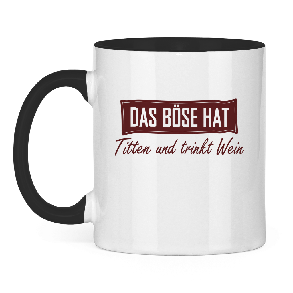 Das Böse trinkt Wein | zweifarbige Tasse — Schwarz/Weiß