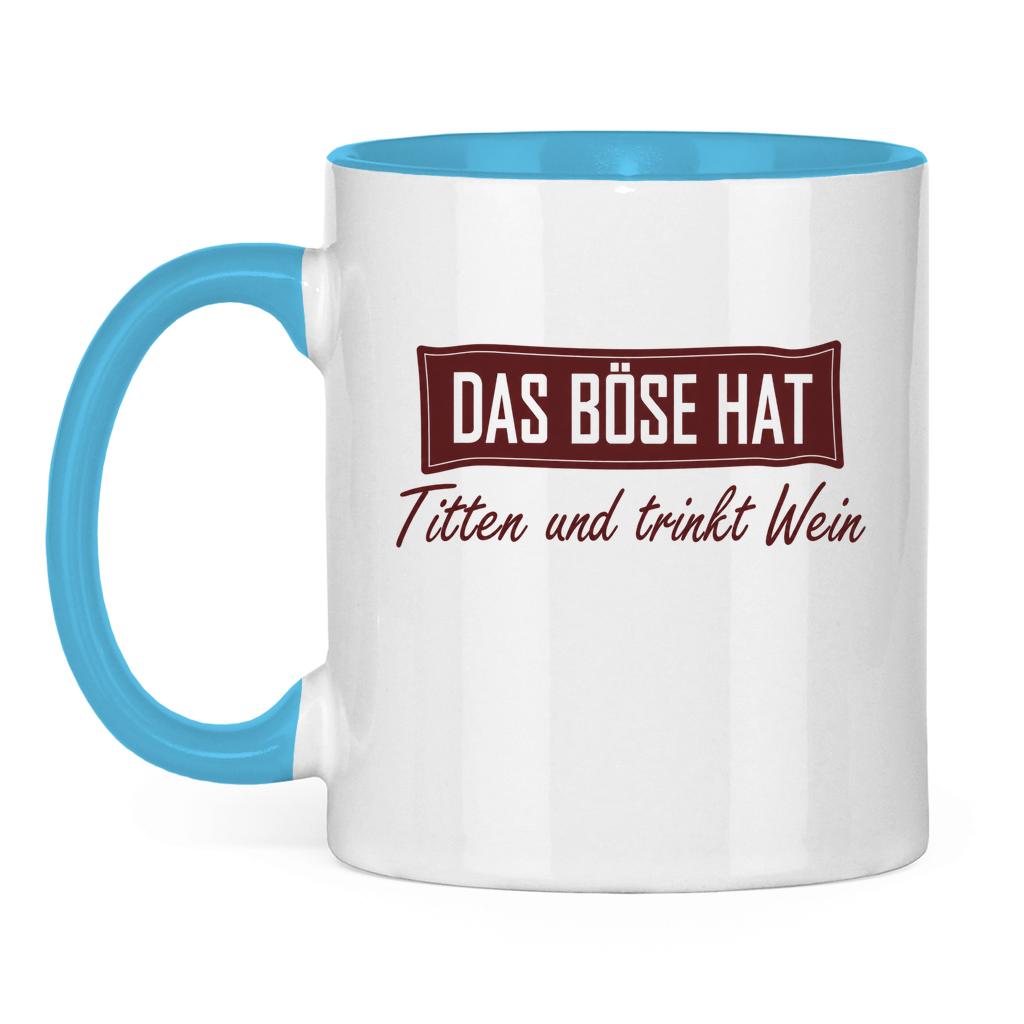 Das Böse trinkt Wein | zweifarbige Tasse — (Hell)Blau/Weiß